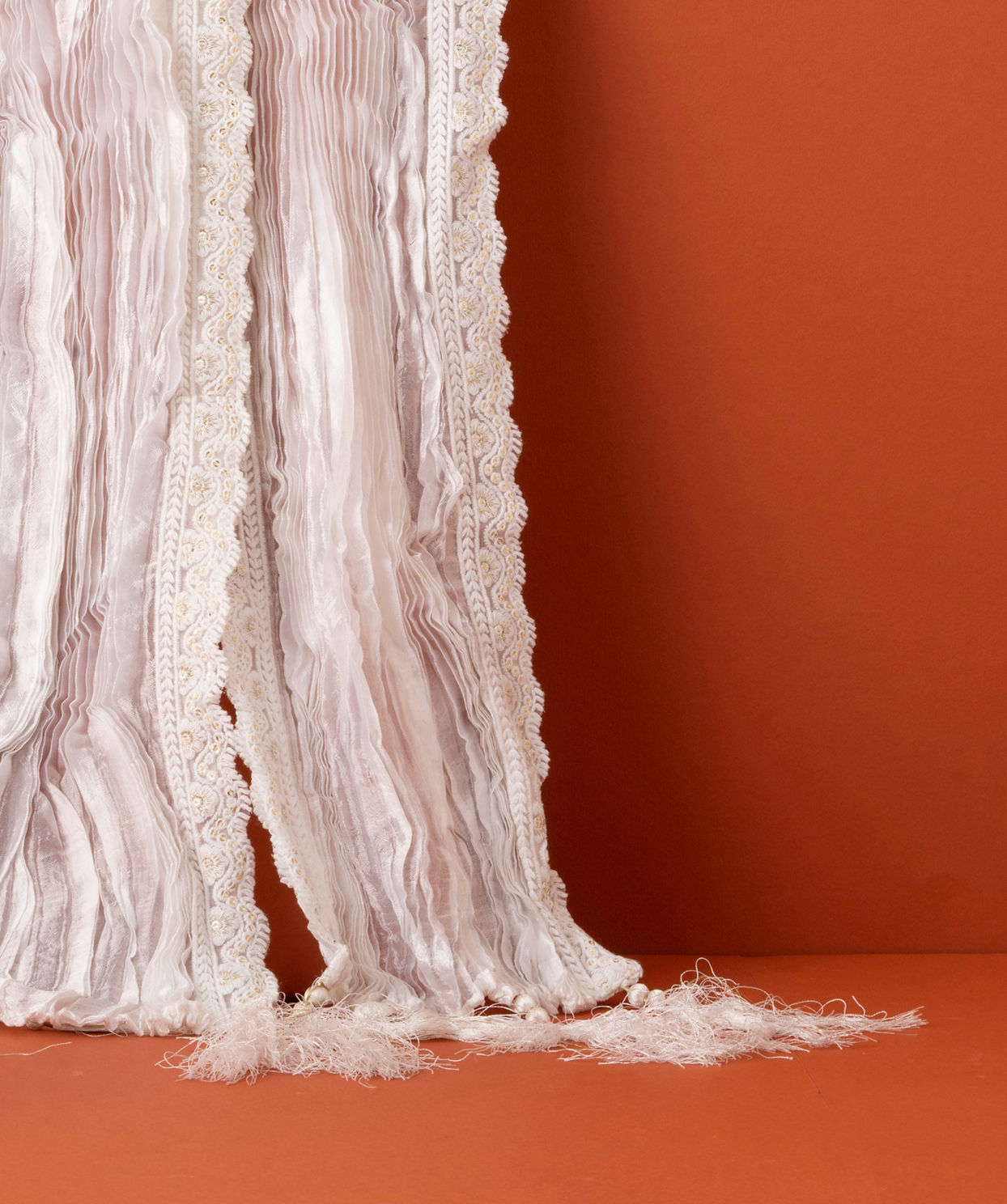 Manyavar Men Warm White Pleated Dupatta with Sequinned Borders
