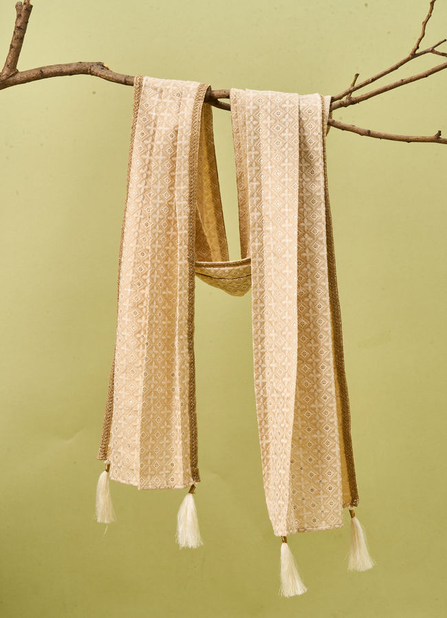 Manyavar Men Beige Art Silk Dupatta with Embroidery