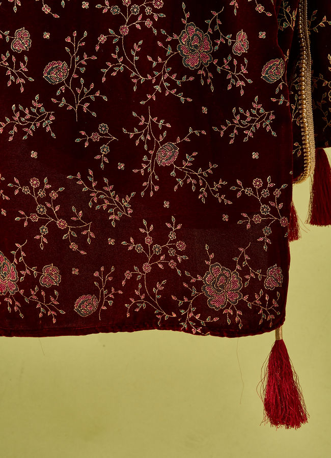Manyavar Men Maroon Velvet Dupatta with Embroidery