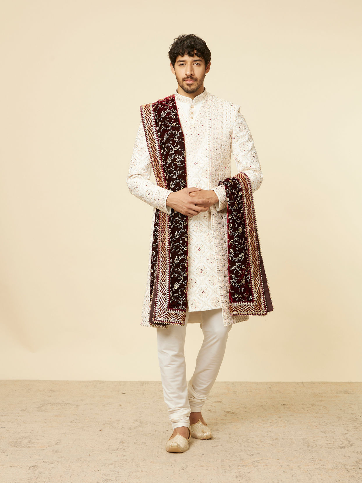 Manyavar Men Classic Maroon Bel Buti Patterned Dupatta