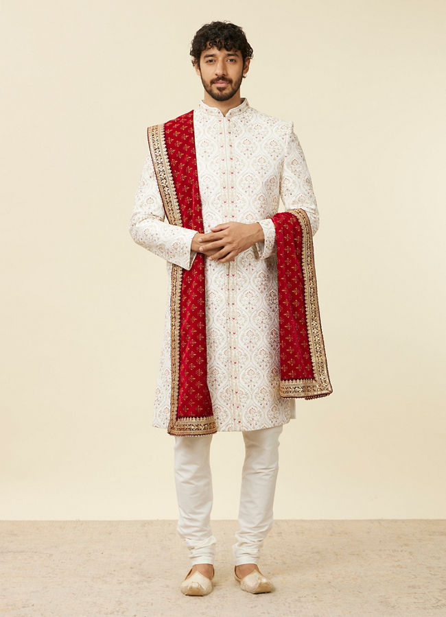 Manyavar Men Dark Maroon Bel Buti Patterned Dupatta
