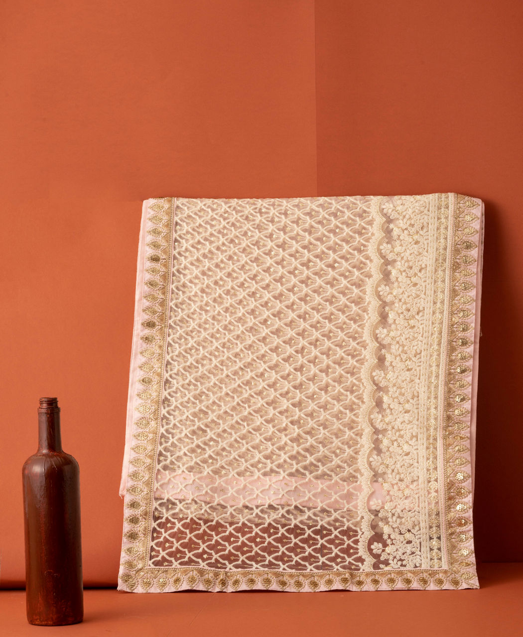 Manyavar Men Cream Pink Floral Chikankari Embroidered Stole