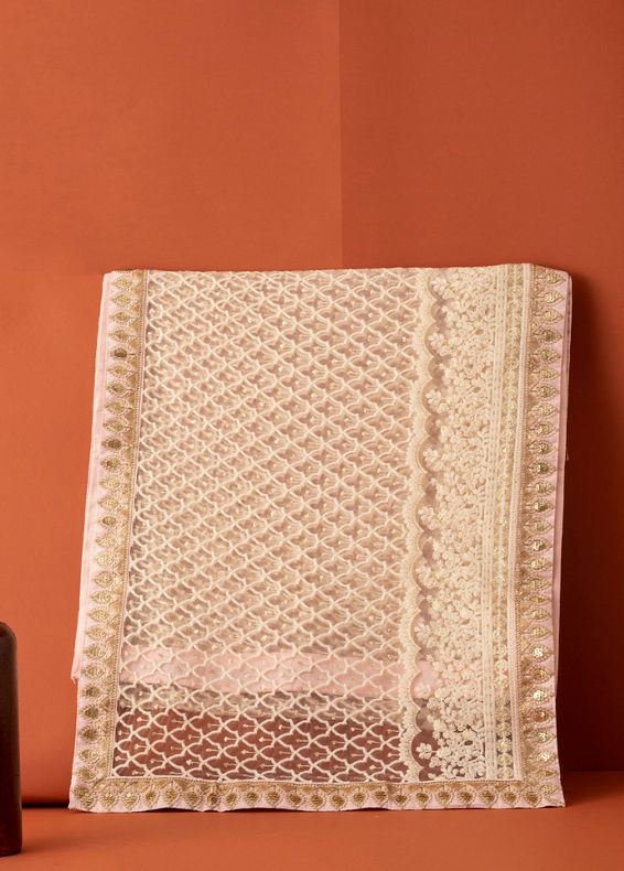 Manyavar Men Cream Pink Floral Chikankari Embroidered Stole