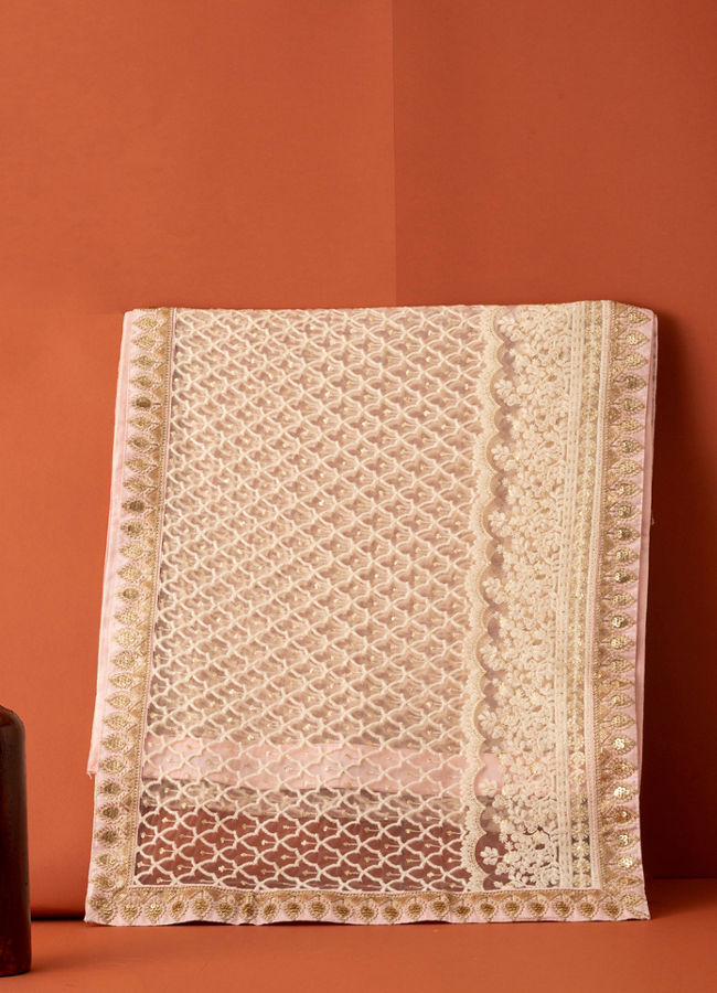 Manyavar Men Cream Pink Floral Chikankari Embroidered Stole