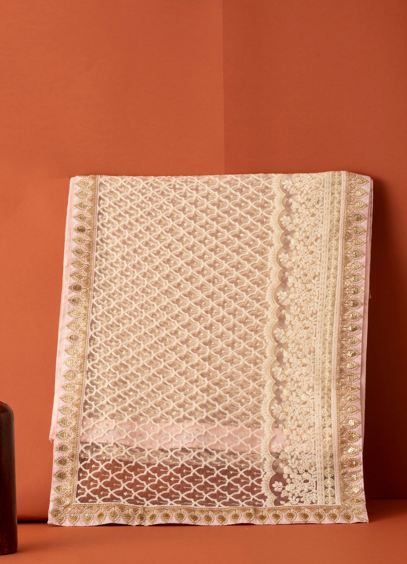 Manyavar Men Cream Pink Floral Chikankari Embroidered Stole