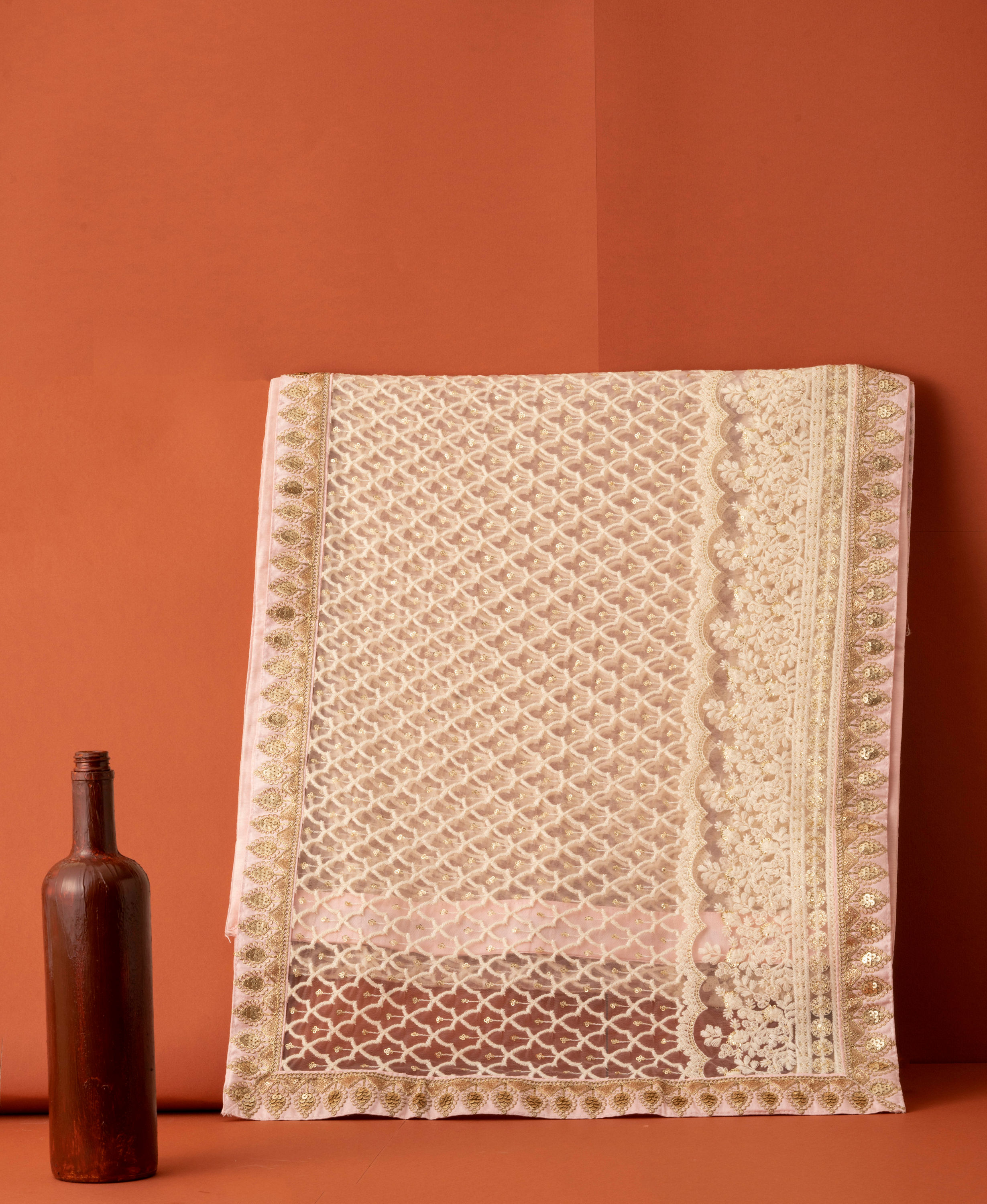 Manyavar Men Cream Pink Floral Chikankari Embroidered Stole