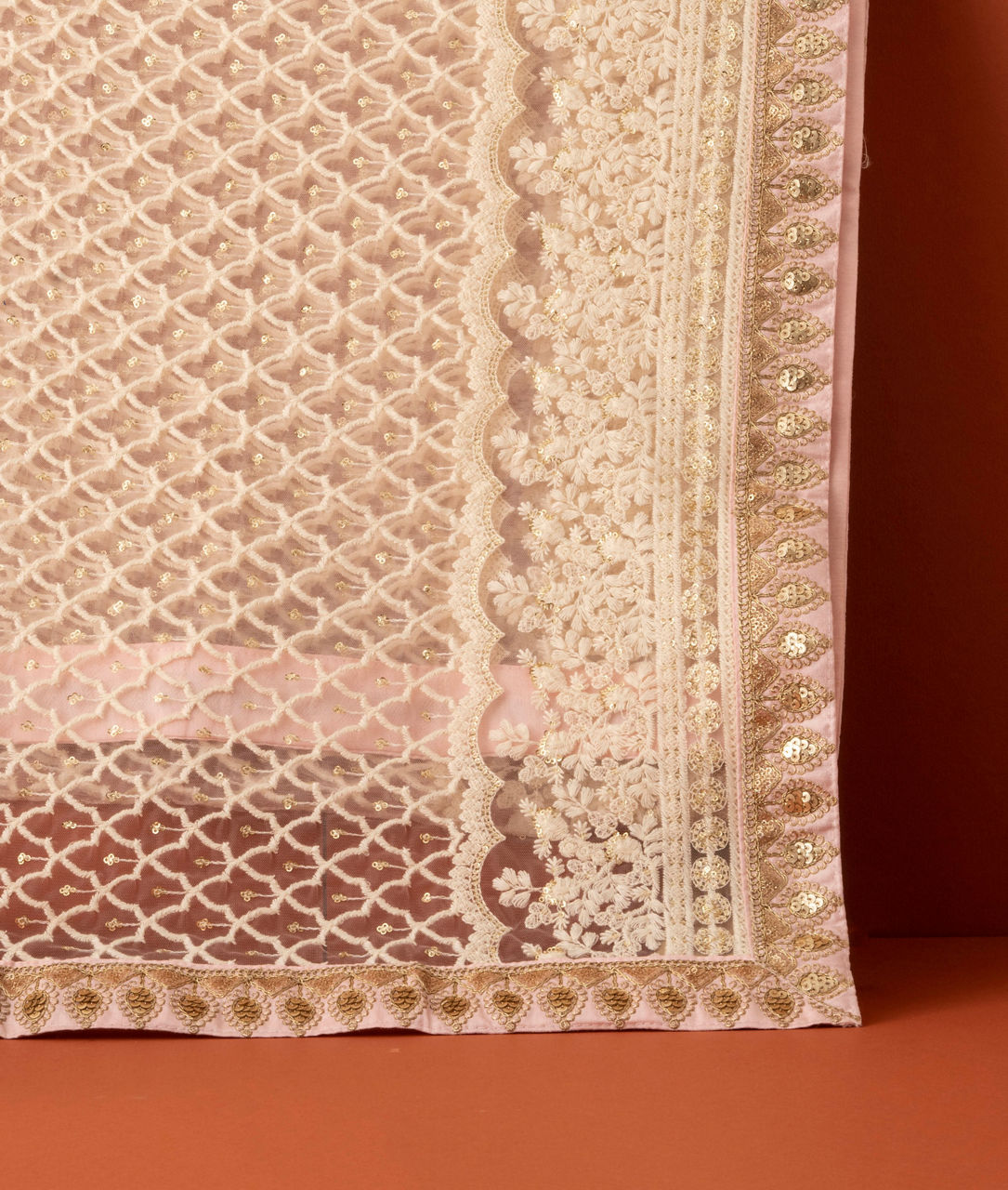 Manyavar Men Cream Pink Floral Chikankari Embroidered Stole