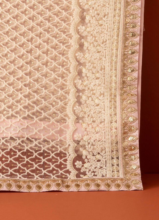 Manyavar Men Cream Pink Floral Chikankari Embroidered Stole