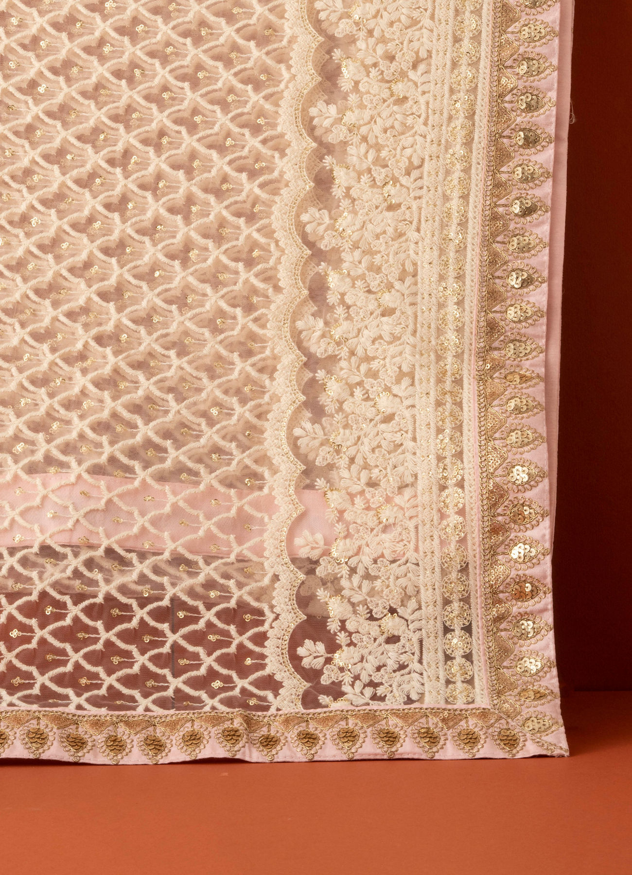 Manyavar Men Cream Pink Floral Chikankari Embroidered Stole