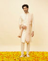 Manyavar Men Cream Pink Floral Chikankari Embroidered Stole