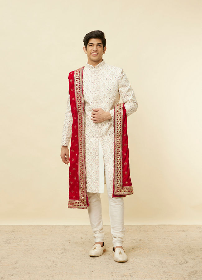 alt message - Manyavar Men Ruby Pink Paisley Patterned Stole image number 2