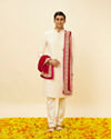 alt message - Manyavar Men Cherry Red Floral Motif Dupatta image number 2