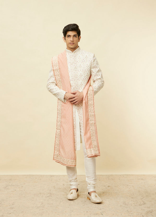 alt message - Manyavar Men Soft Peach Sequin and Stone Work Dupatta image number 2