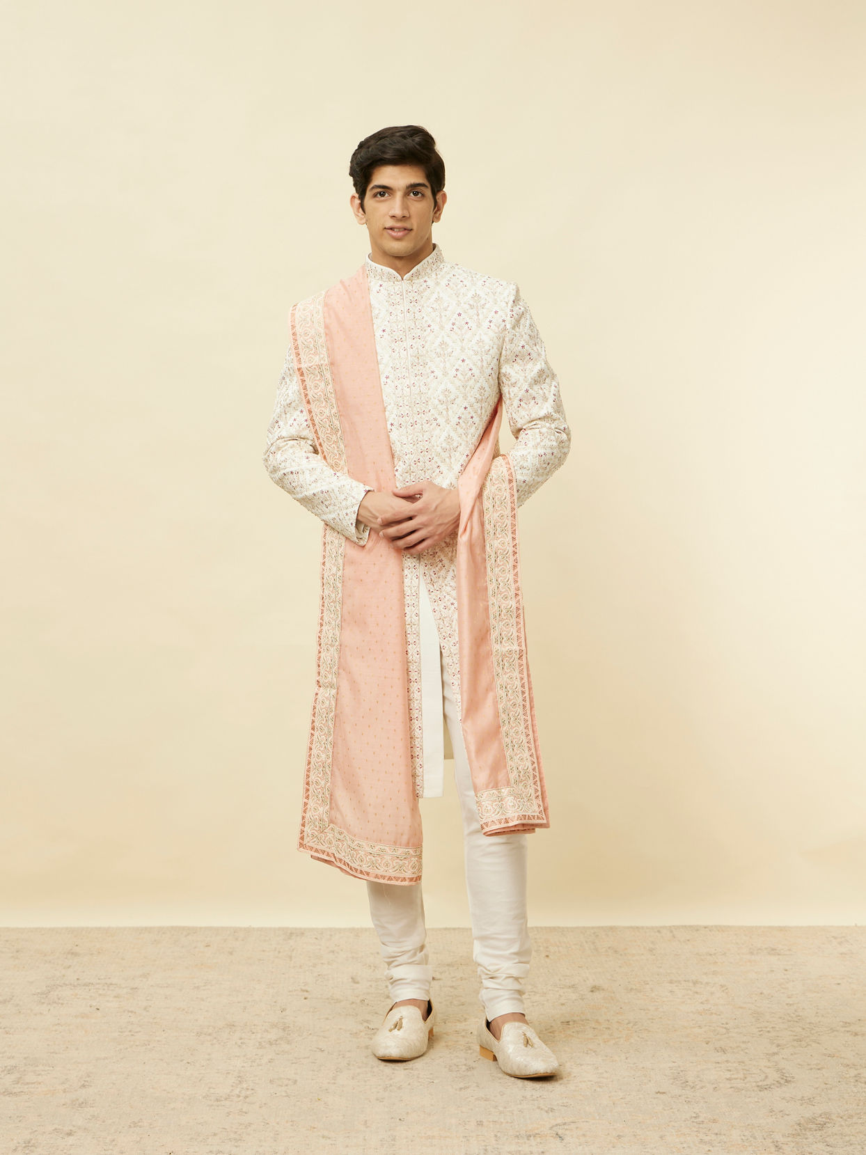 alt message - Manyavar Men Soft Peach Sequin and Stone Work Dupatta image number 2