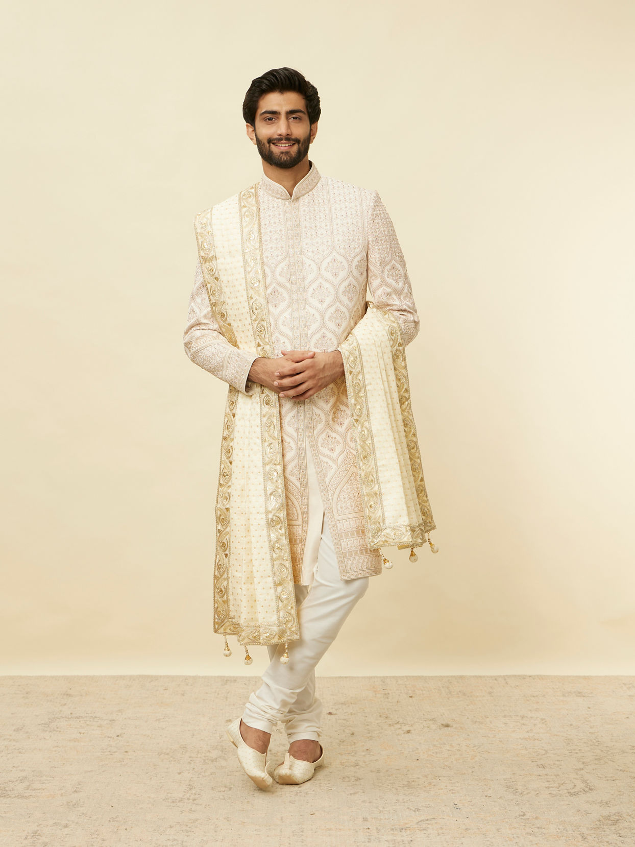 Manyavar Men Warm Cream Bel Buti Patterned Stole