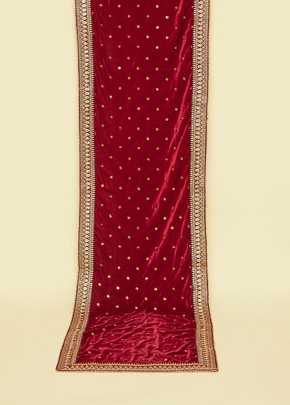 alt message - Manyavar Men Maroon Filigree Embellished Dupatta