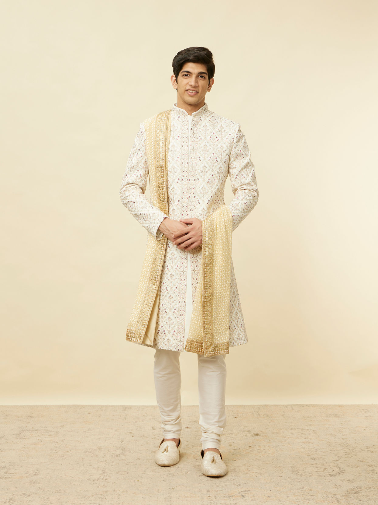 Manyavar Men Biscuit Beige Self Embroidered Stole