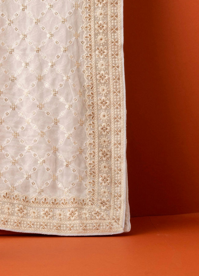 Manyavar Men Pristine White Paan Leaf Motif Stole