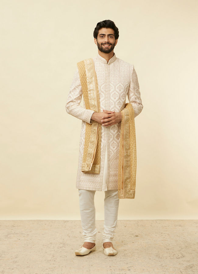 alt message - Manyavar Men Buttercream Floral String Patterned Stole image number 2