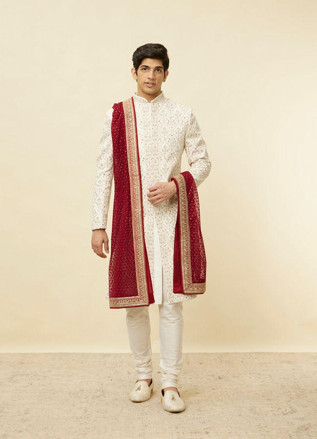 Manyavar Men Wine Red Floral String Patterned Stole