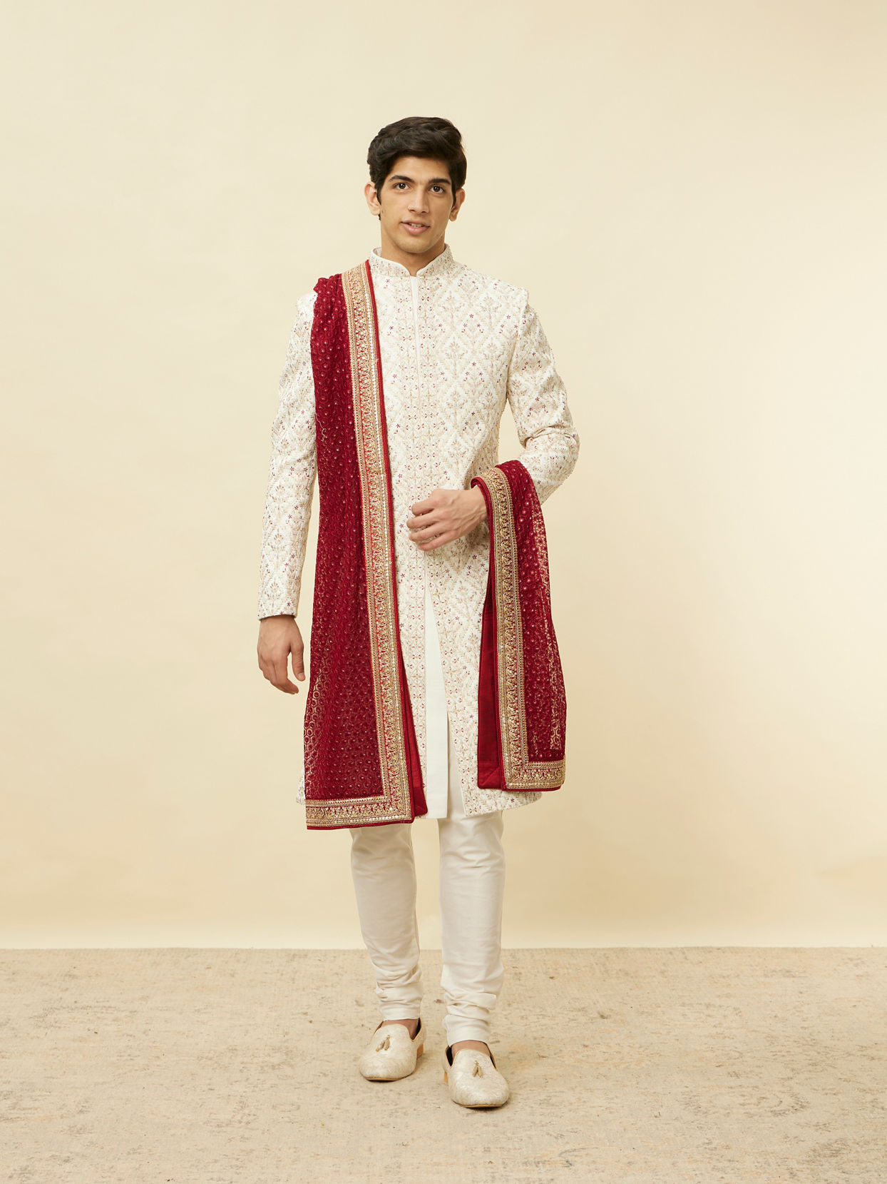 Manyavar Men Wine Red Floral String Patterned Stole