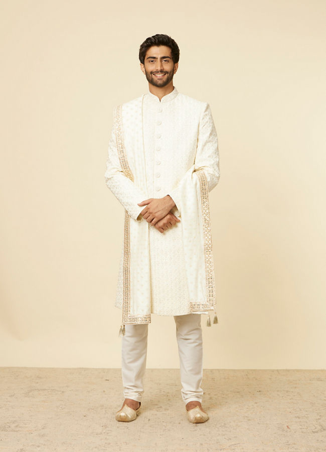 Manyavar Men Cream Flower Patterned Sequined Dupatta