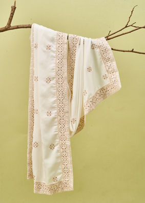 Manyavar Men White Satin Dupatta with Embroidery