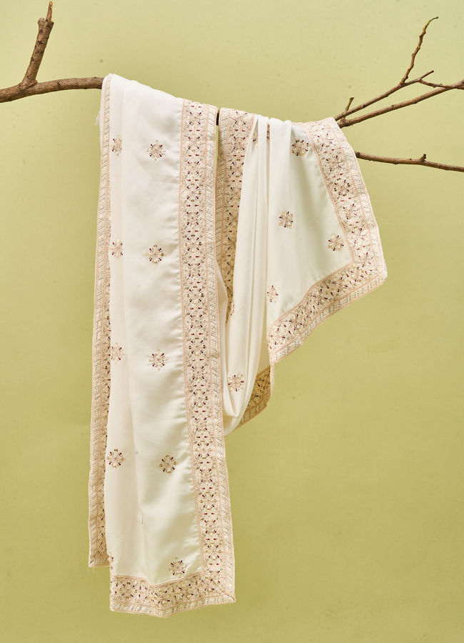 Manyavar Men White Satin Dupatta with Embroidery