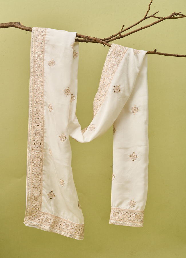 Manyavar Men Warm White Satin Dupatta with Embroidery