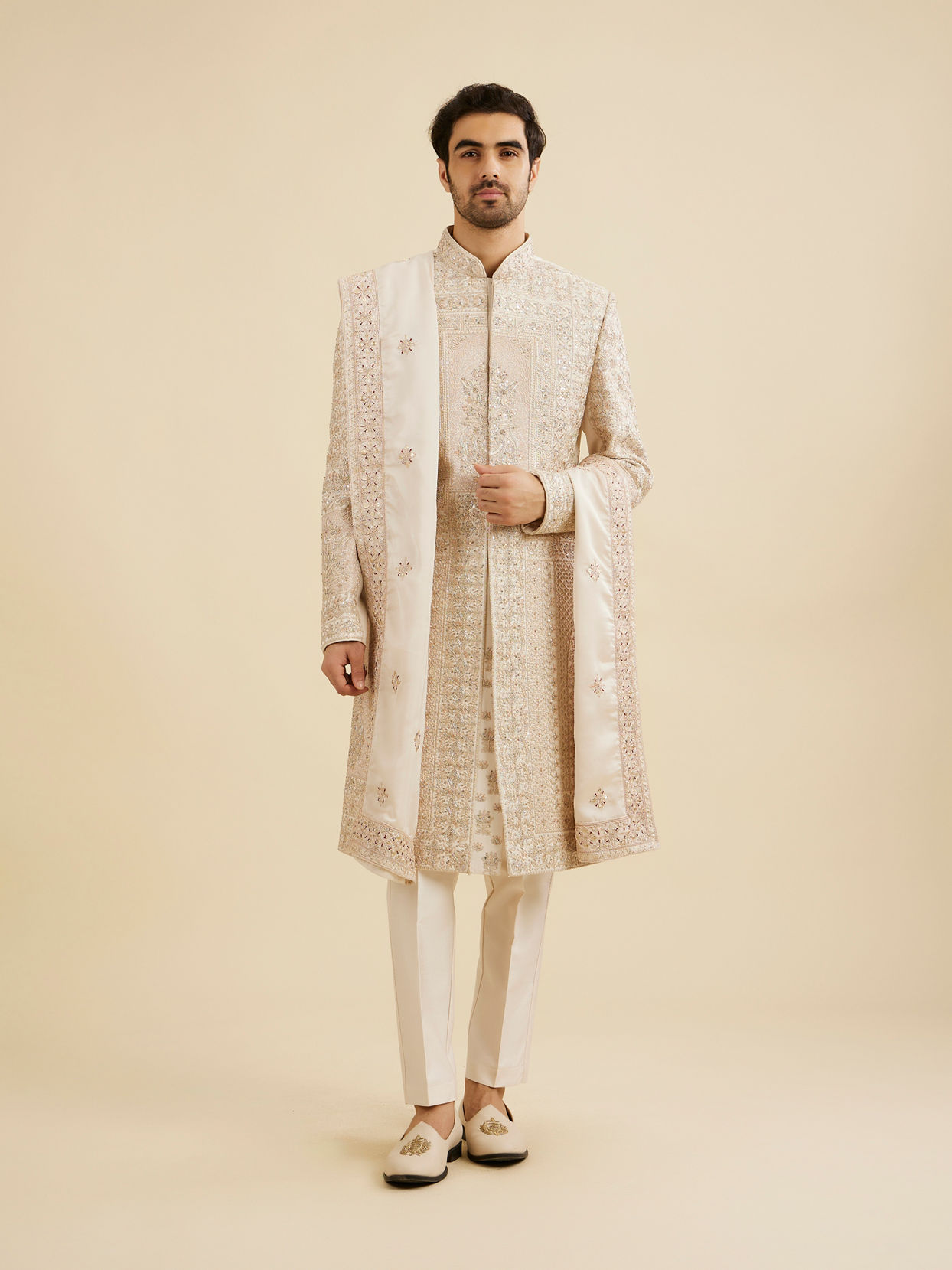 Manyavar Men Beige Satin Celebration Dupatta