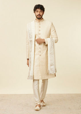 alt message - Manyavar Men Cream Chikankari Sequin Georgette Dupatta image number 2