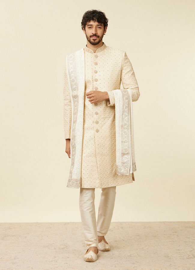 alt message - Manyavar Men Cream Chikankari Sequin Georgette Dupatta image number 2