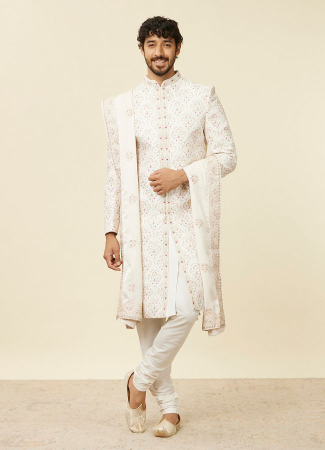 Manyavar Men Beige Cream Floral Embroidered Dupatta