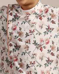 Manyavar Boys Boys Pearl White Floral Printed Angrakha Style Kurta Set