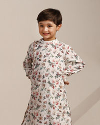 Manyavar Boys Boys Pearl White Floral Printed Angrakha Style Kurta Set