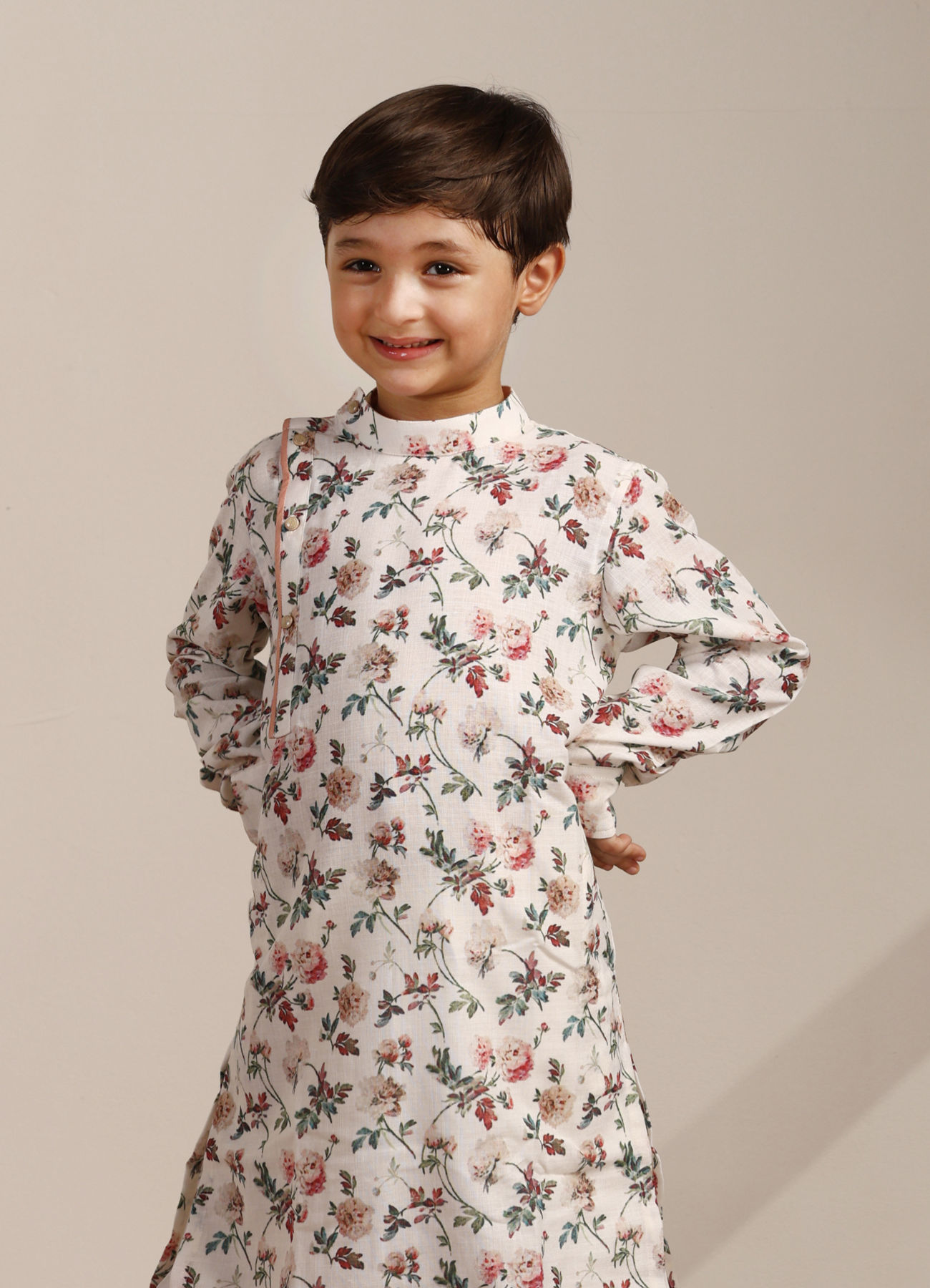 Manyavar Boys Boys Pearl White Floral Printed Angrakha Style Kurta Set