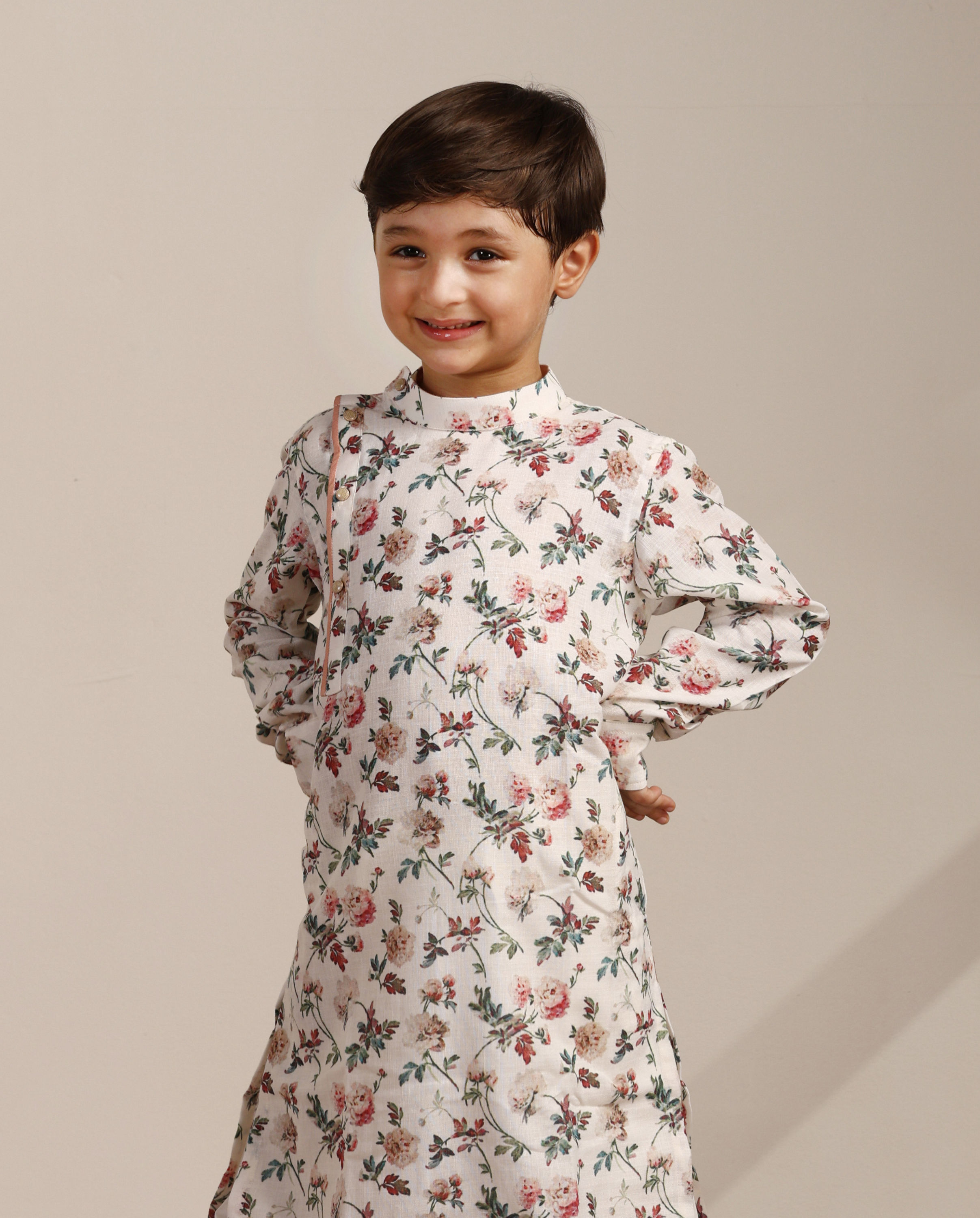 Manyavar Boys Boys Pearl White Floral Printed Angrakha Style Kurta Set