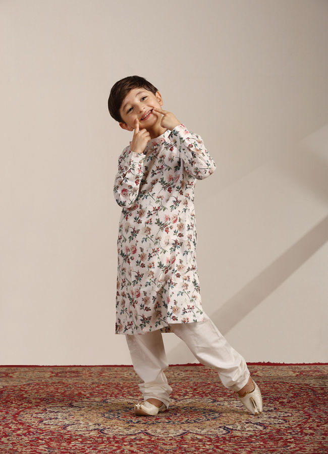Manyavar Boys Boys Pearl White Floral Printed Angrakha Style Kurta Set