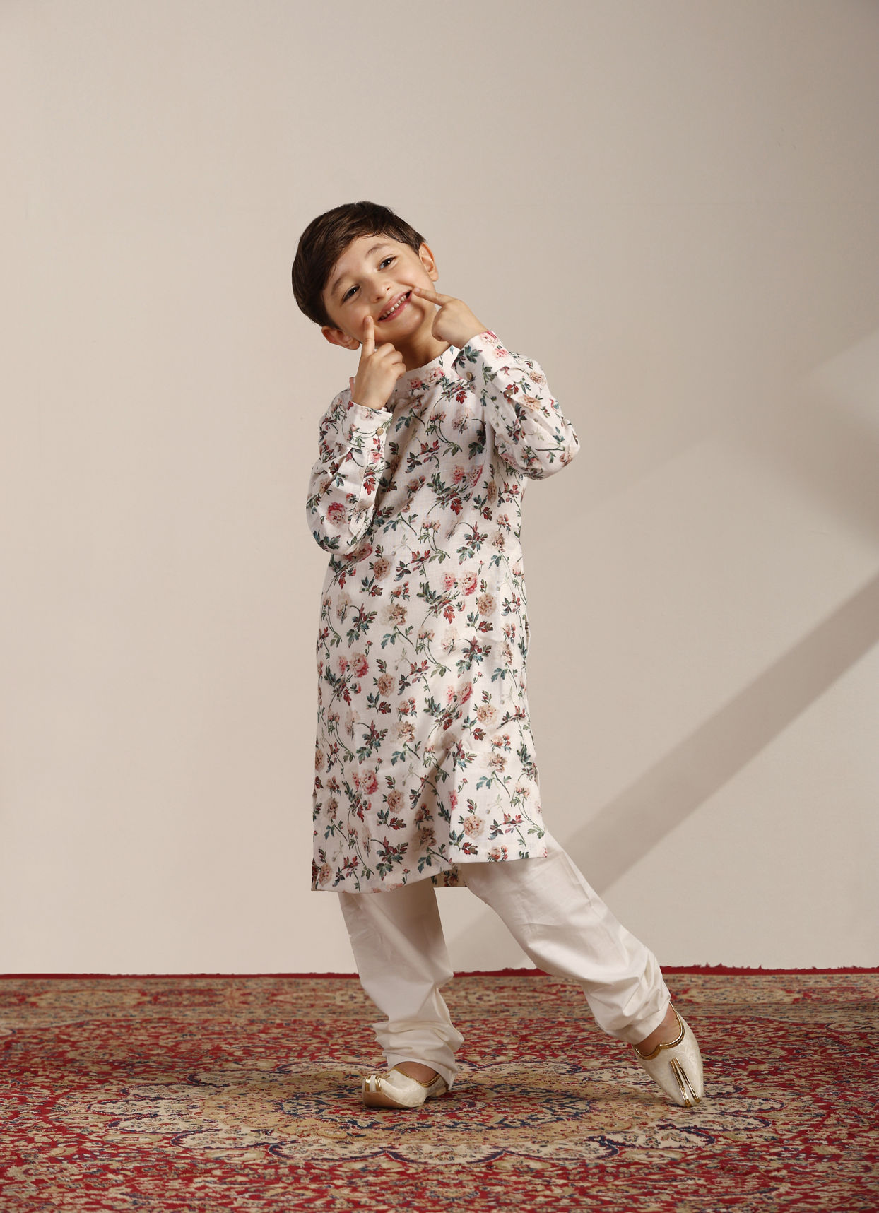 Manyavar Boys Boys Pearl White Floral Printed Angrakha Style Kurta Set