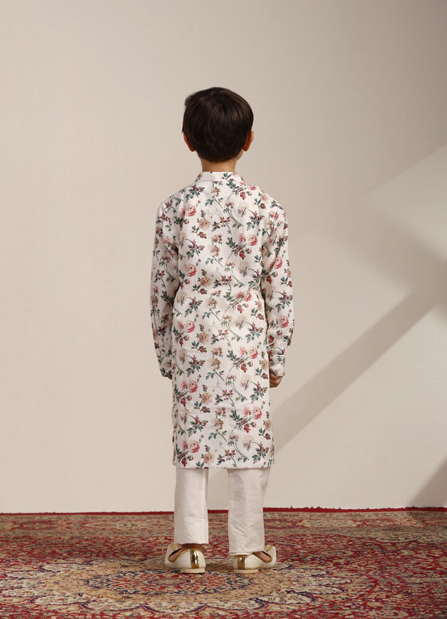 Manyavar Boys Boys Pearl White Floral Printed Angrakha Style Kurta Set