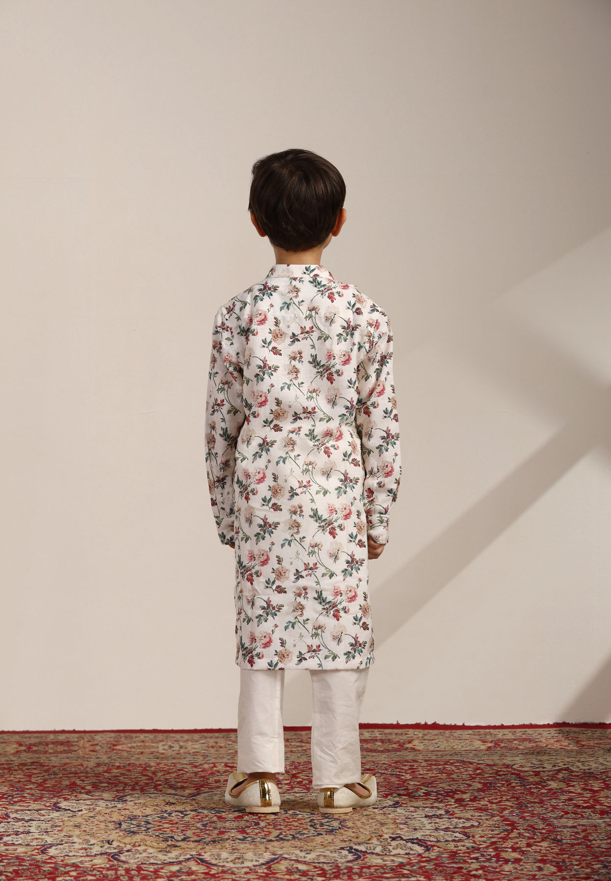 Manyavar Boys Boys Pearl White Floral Printed Angrakha Style Kurta Set