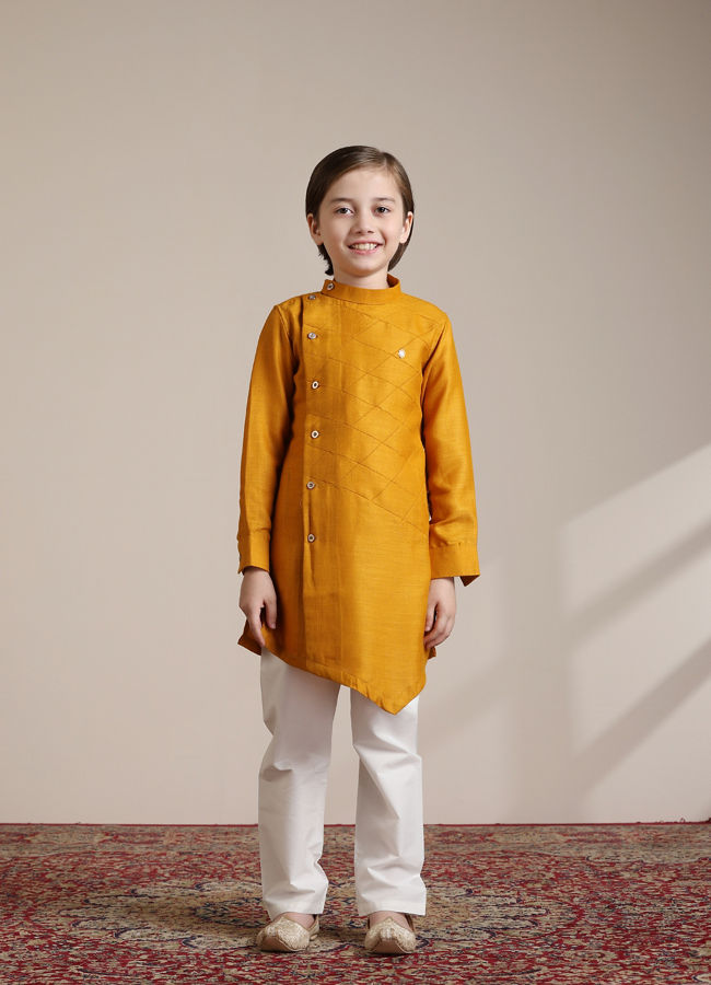 Manyavar Boys Boys Mustard Yellow Diamond Patterned Angrakha Kurta Set