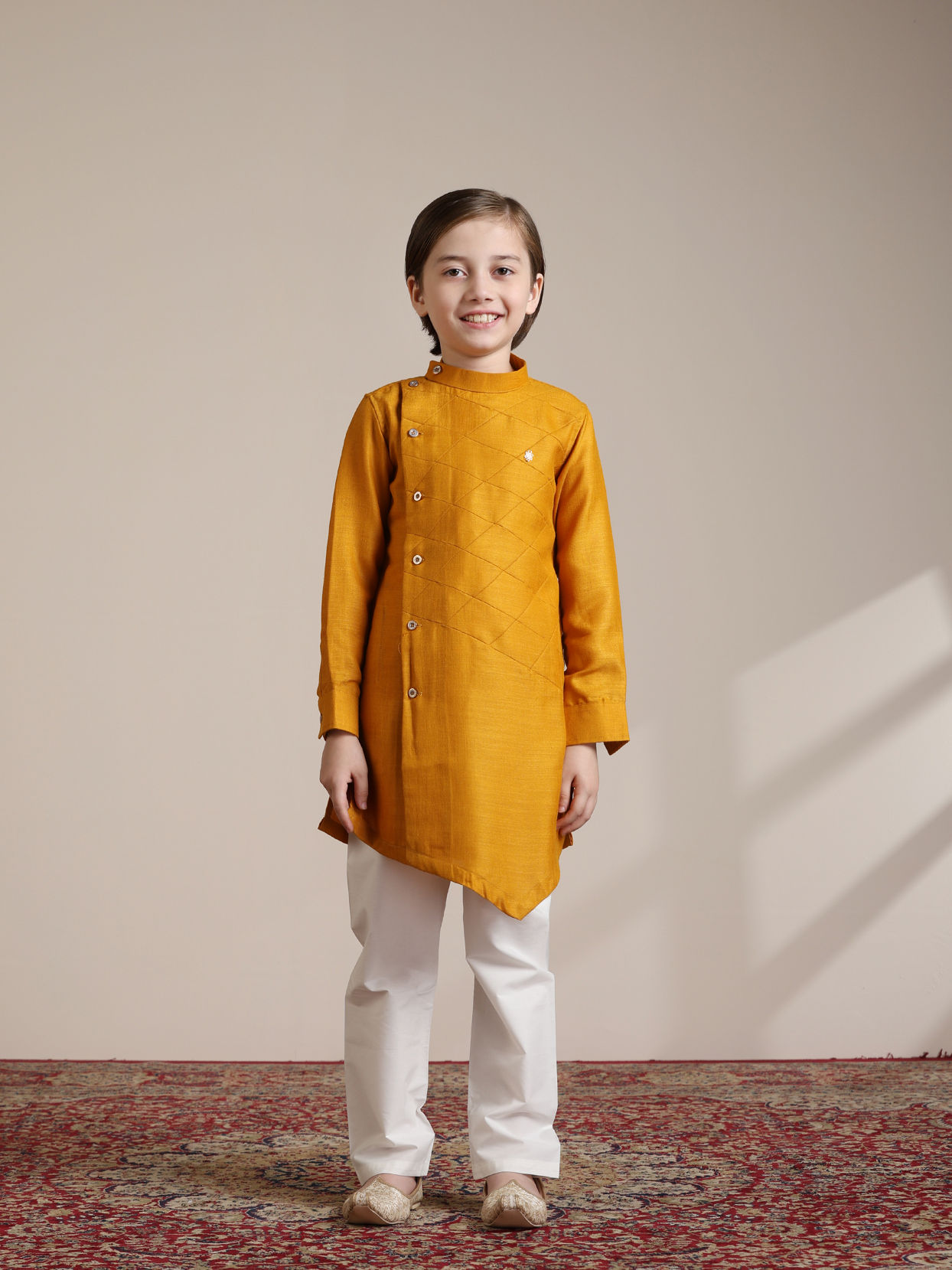 Manyavar Boys Boys Mustard Yellow Diamond Patterned Angrakha Kurta Set