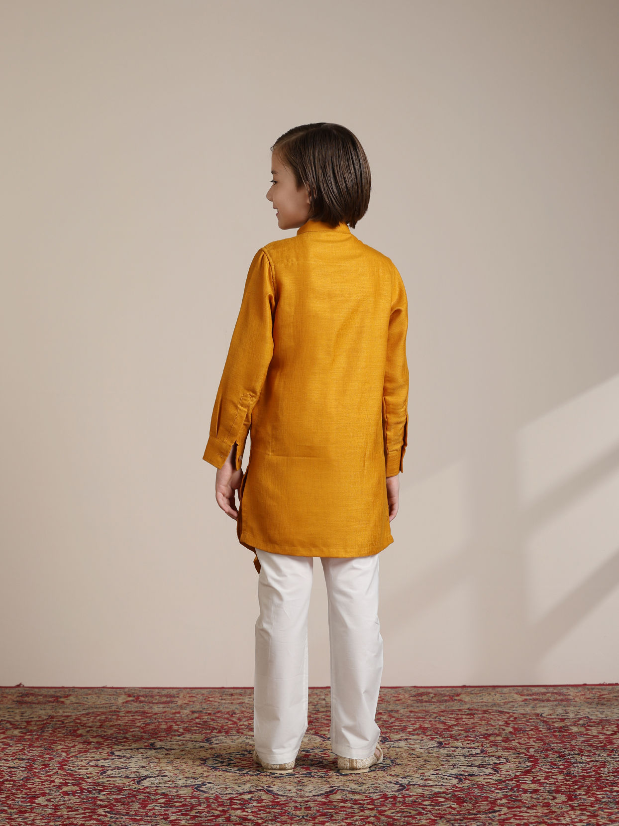 Manyavar Boys Boys Mustard Yellow Diamond Patterned Angrakha Kurta Set