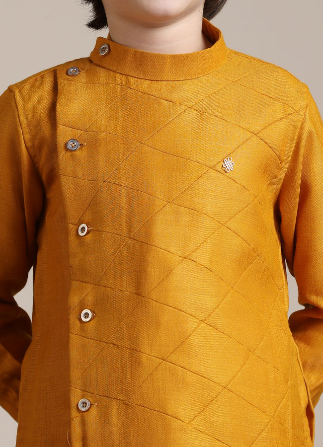 Manyavar Boys Boys Mustard Yellow Diamond Patterned Angrakha Kurta Set