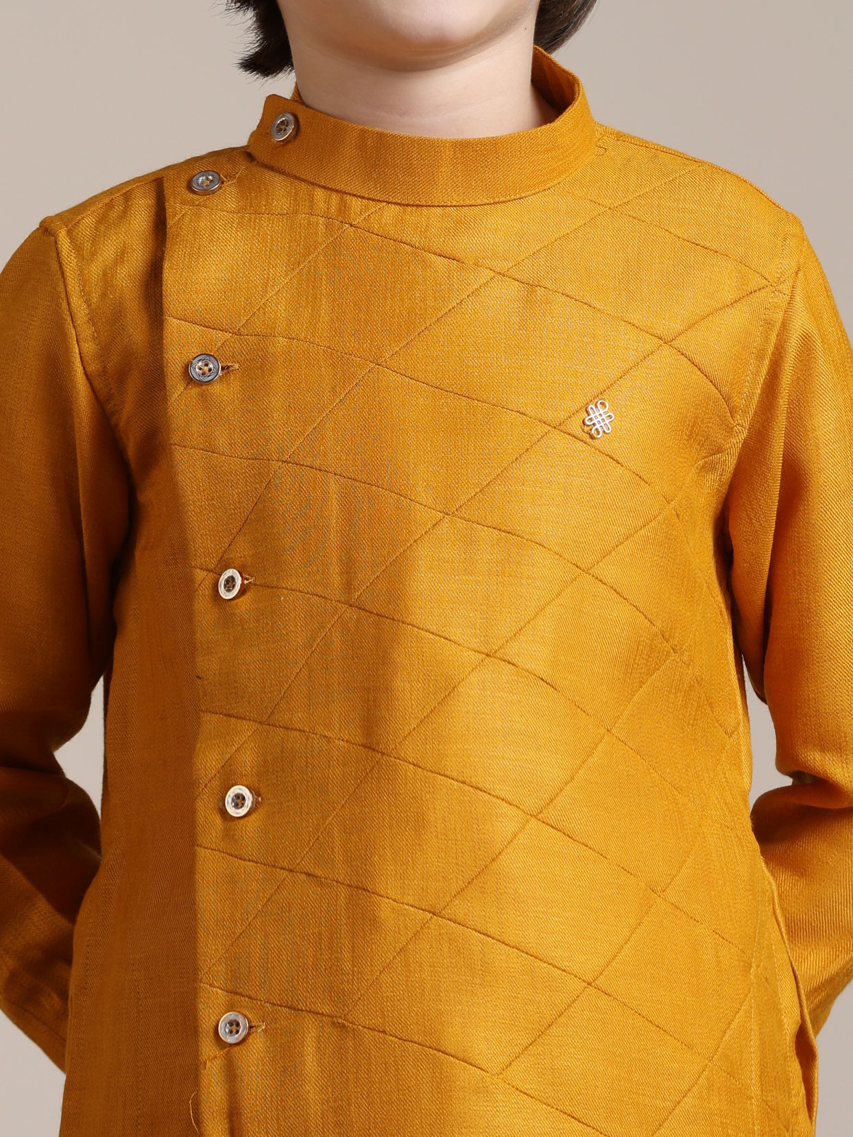 Manyavar Boys Boys Mustard Yellow Diamond Patterned Angrakha Kurta Set