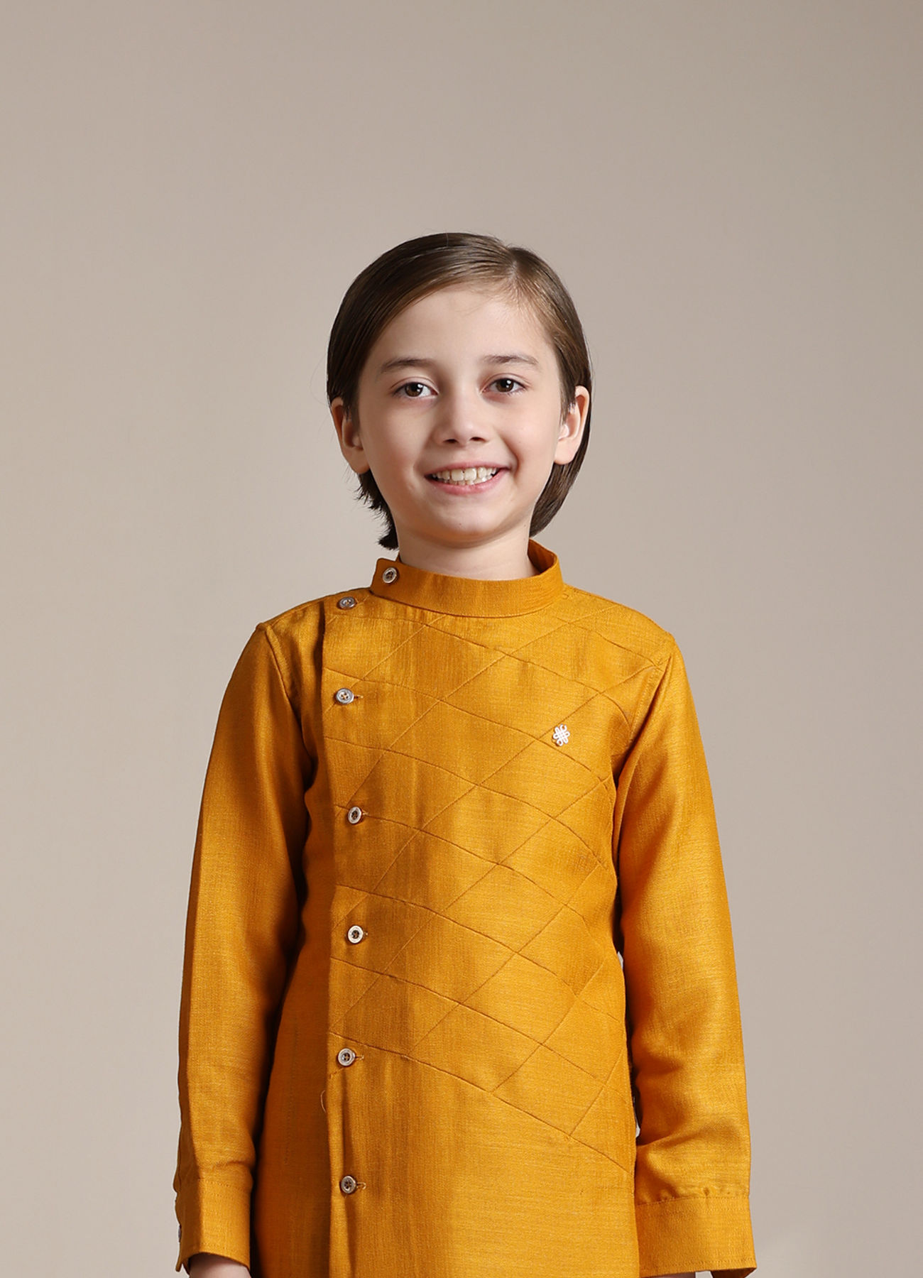 Boys Yellow Printed Angrakha Pure Cotton Kurta With Trousers