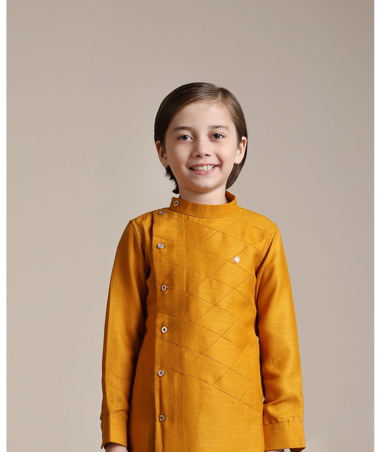 Manyavar Boys Boys Mustard Yellow Diamond Patterned Angrakha Kurta Set