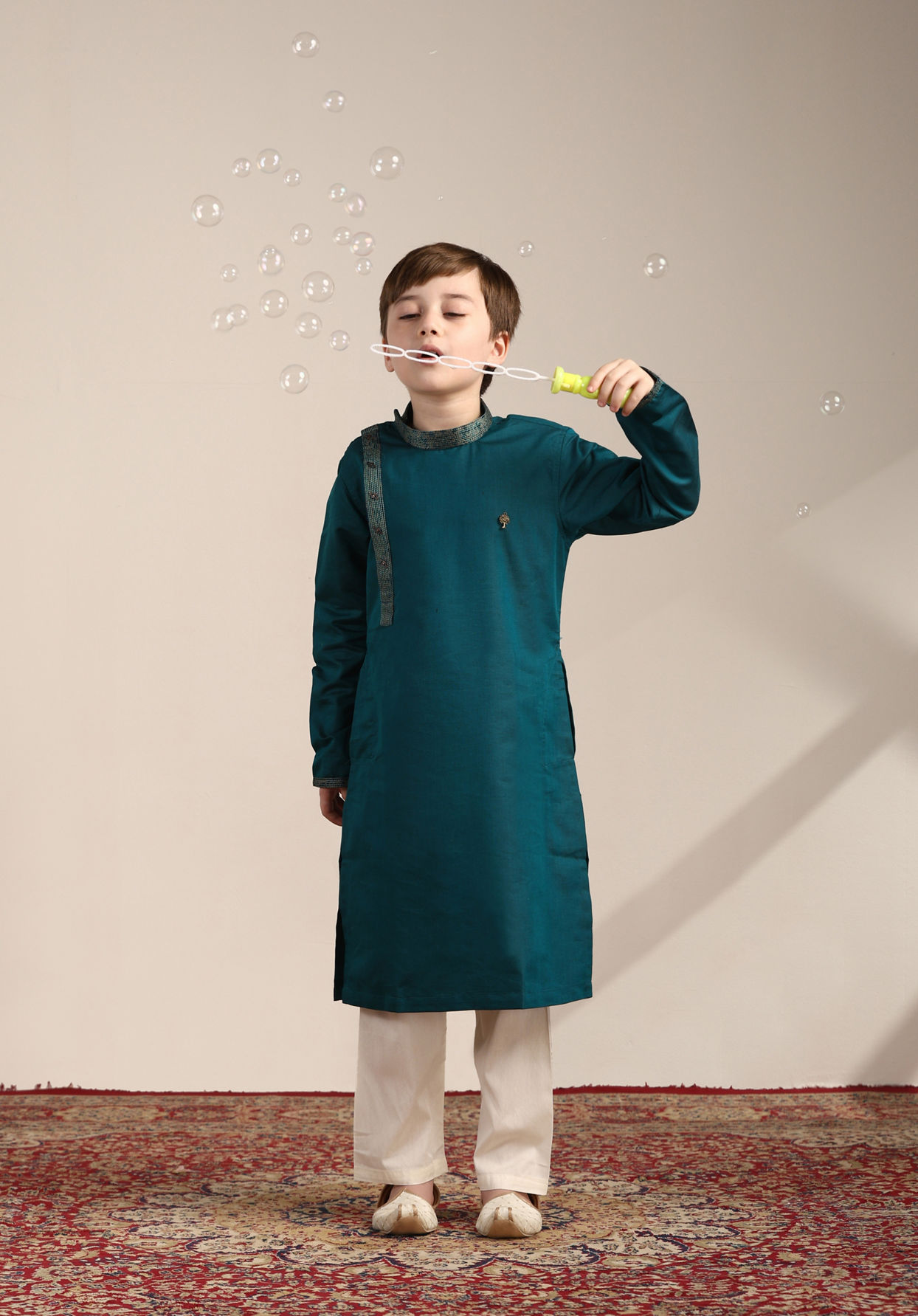 Boys Hunter Green Angrakha Style Kurta Set image number 2