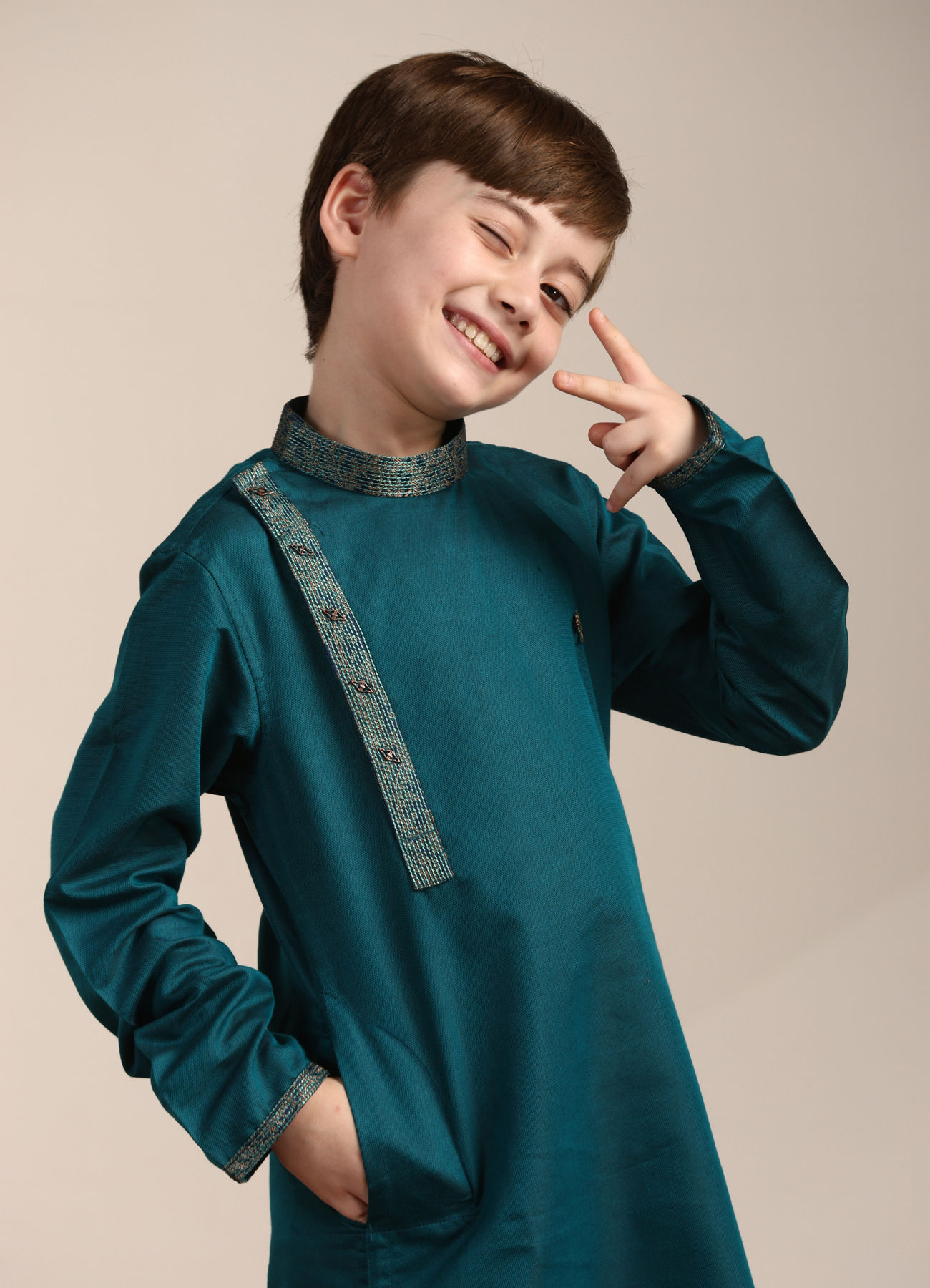 Manyavar Boys Boys Hunter Green Angrakha Style Kurta Set